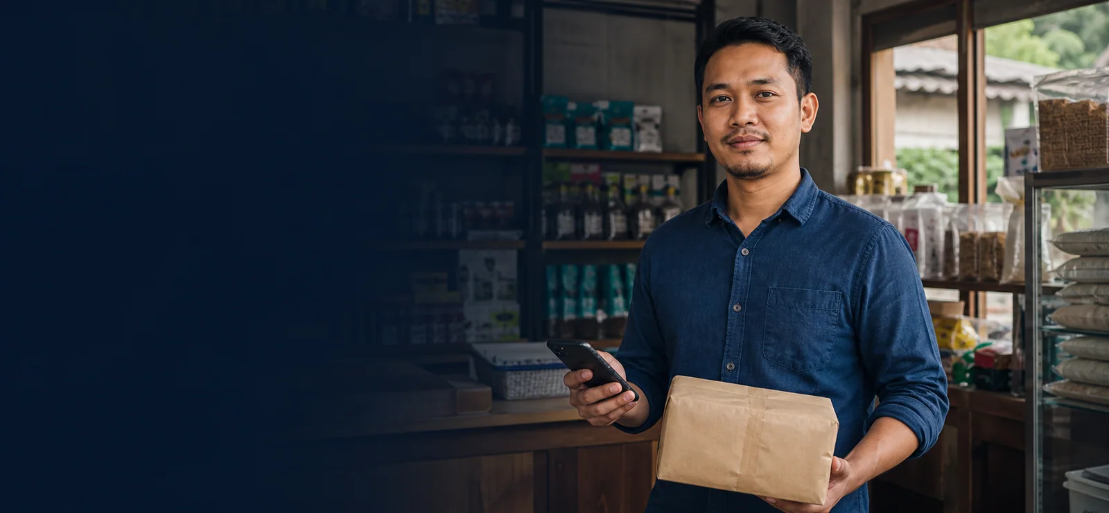 Pemilik usaha lokal Majalaya membawa paket dan menggunakan ponsel